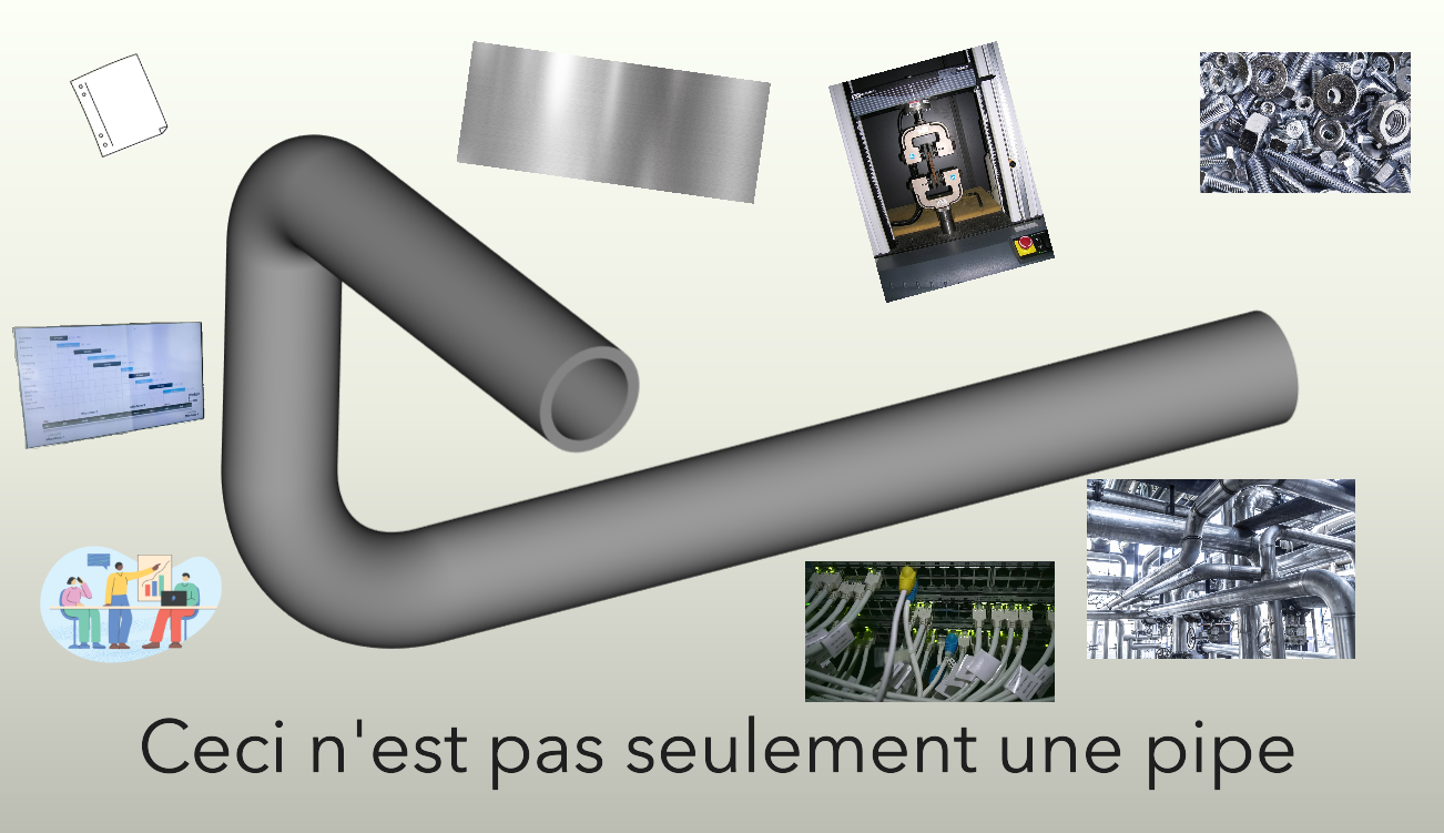 The same CAD pipe as above, now surrounded by images of data, like documents, timing plans, meetings, materials, test data etc